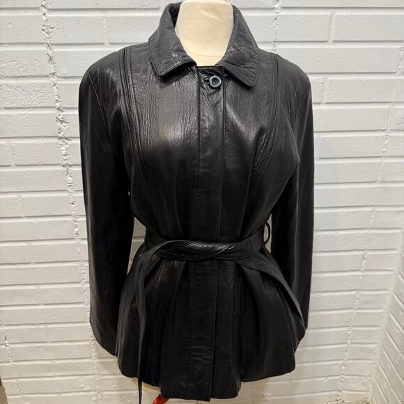 Vintage Jones New York Leather Jacket Black Belted Womens Lrg Classic Retro - Picture 1 of 13
